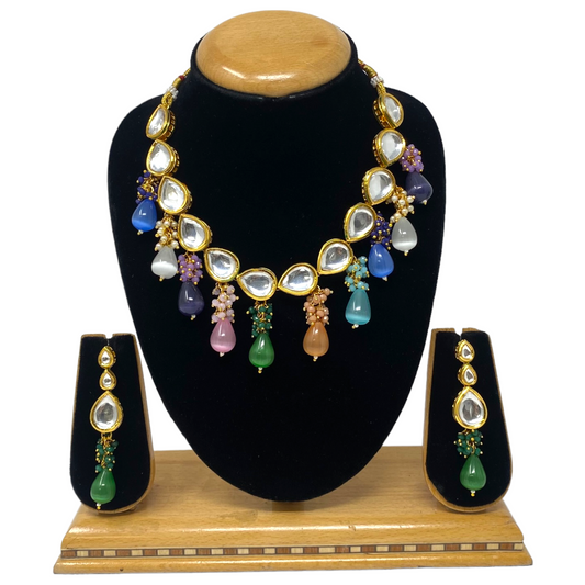 Big Single Line Kundan Set With Back Meenakari & Monalisa Stone Drops #KS12