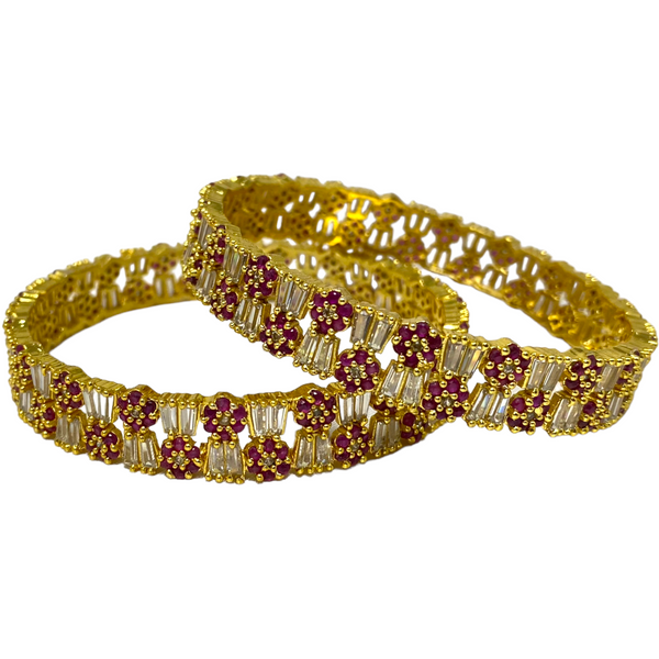 2pc Gold Plated With American Diamond CZ & Ruby Stones Bangles GD6