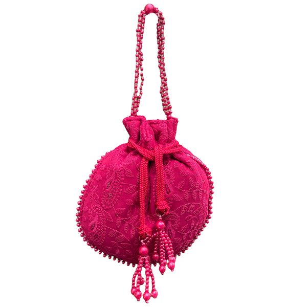 Lucknowi Cotton Hand Potli Bag Purse With Handwork And Tassels #HB18
