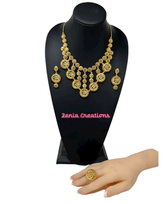 Indian Gold Plated Jewelry Set  24K 1 Gram Gold Color Necklace Earrings Set #5669-1