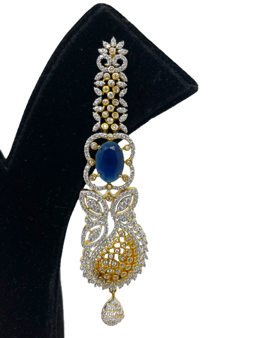 Gold Plated Statement Earrings With American Diamond CZ & Sapphire Stones #ER32
