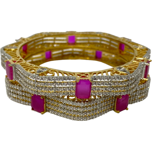 AD Gold Plated 2pc Bangles with American Diamond CZ & Ruby Stones GD7