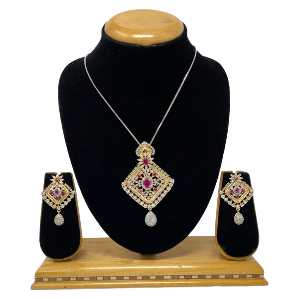 AD Gold Plated Premium Pendant Earrings Set With AD Ruby Stones #ADPE23