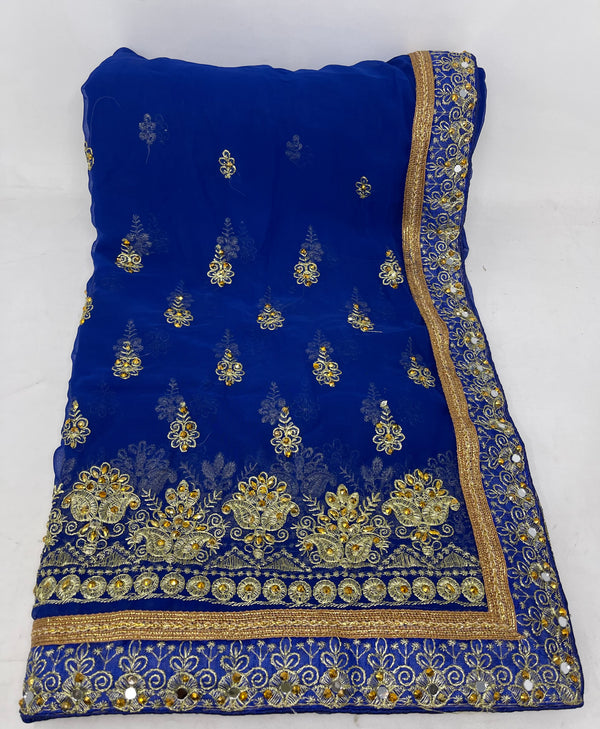 Indian Traditional Georgette Saree Sari With Zari Embroidery, Mirror And Stone Work
