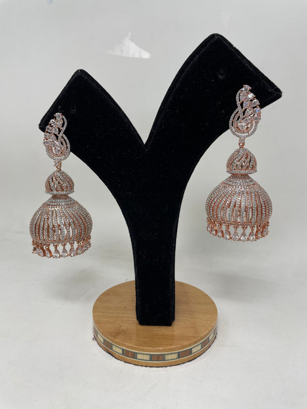 AD 2 Layer Rosegold Jhumka with American Diamond Semi Precious Stones