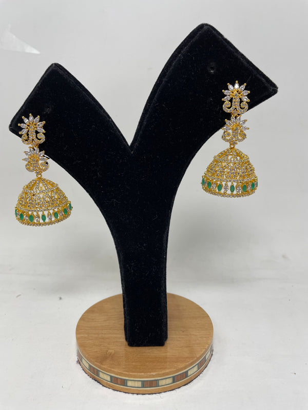 AD Gold Plated Jhumka with American Diamond and Emerald Stones