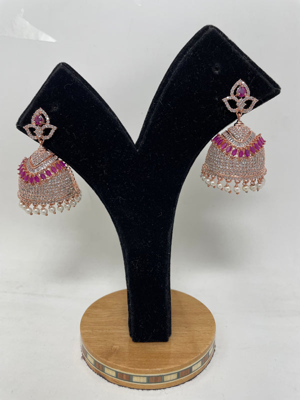 AD Rosegold Jhumka with American Diamond and Ruby Stones