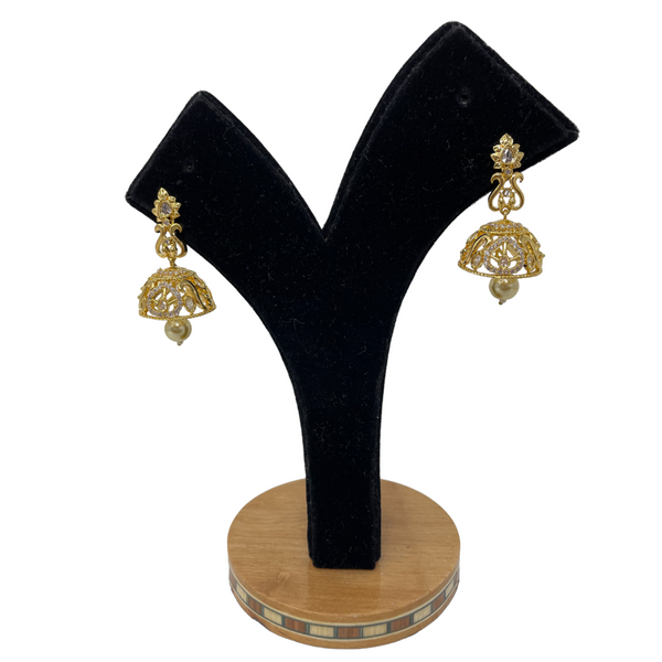 AD Gold Plated Jhumka with American Diamond Stones and Pearl Drops