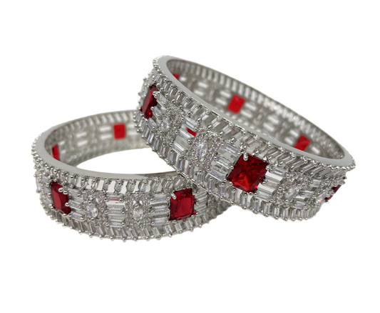 2pc AD Silver Polish with American Diamond CZ  & Red Stones Bangles ADBS27