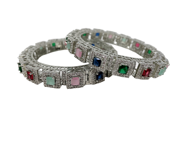 AD Silver Polish Openable Bangles with American Diamond and Multi Stones