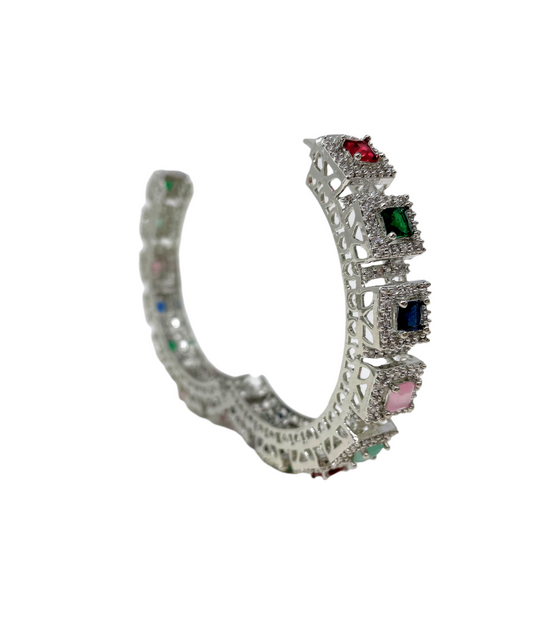 AD Silver Polish Openable Bangles with American Diamond and Multi Stones