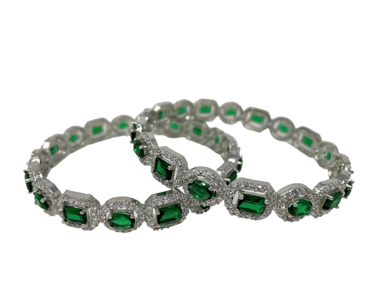 2pc Silver Polish with American Diamond CZ & Green Stones Bangles ADBS28