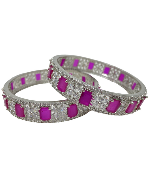 2pc Silver American Diamond CZ & Ruby Stones Bangles ADBS30