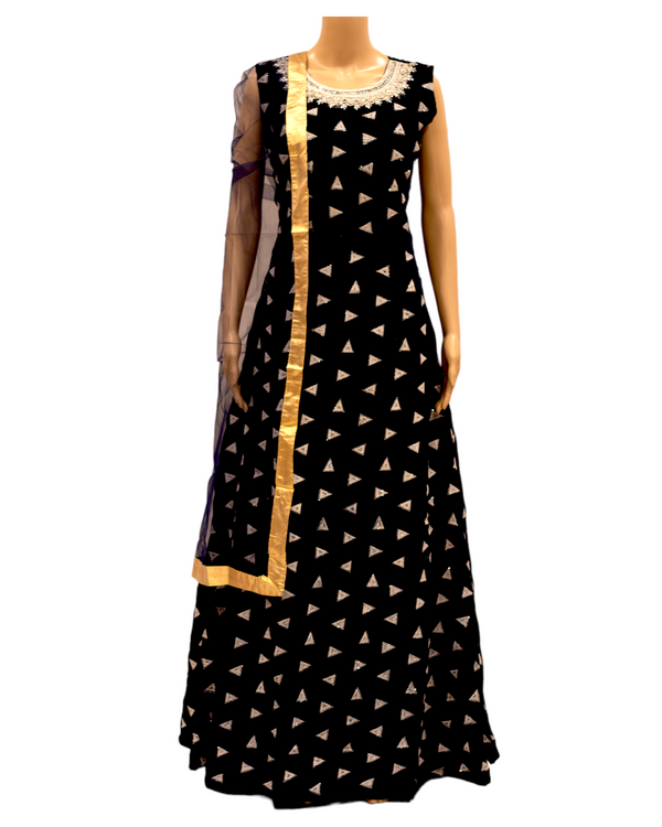 Partywear Blue Indian Velvet Gown Dress With Net Dupatta M66 - Zenia Creations
