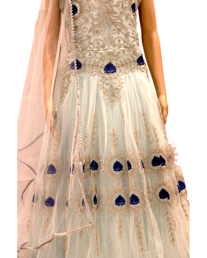 Partywear Blue Indian Gown Dress With Net Dupatta M62 - Zenia Creations