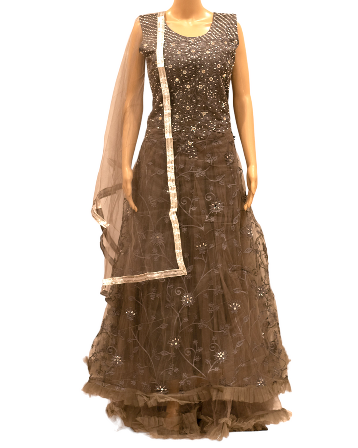 Partywear Gray Indian Gown Dress With Net Dupatta M56 - Zenia Creations