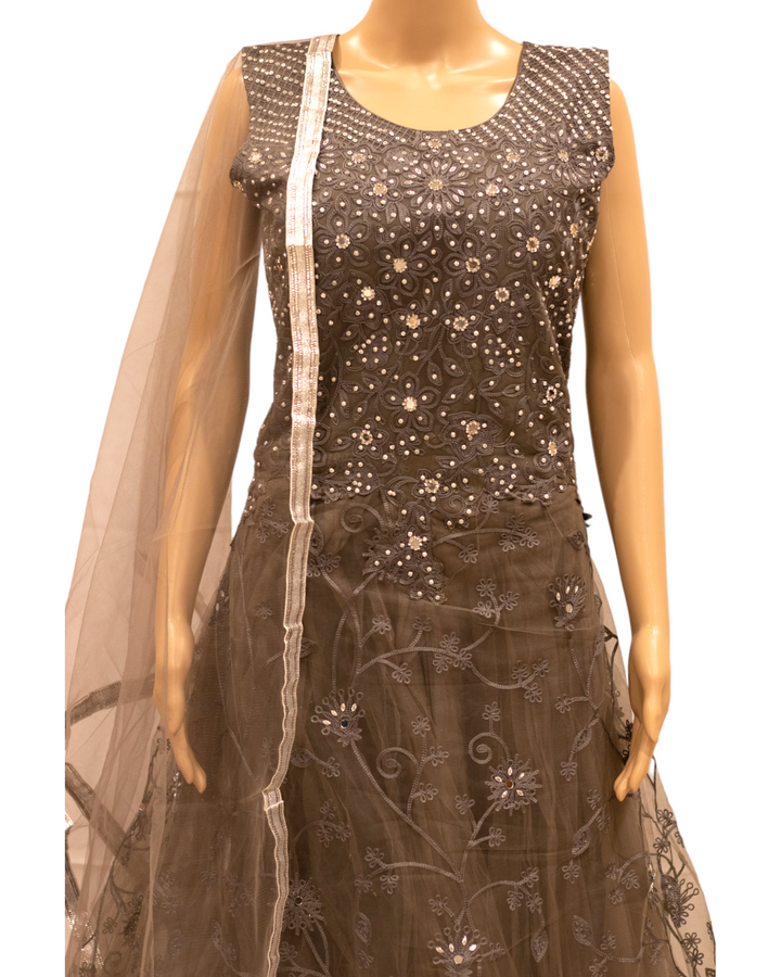 Partywear Gray Indian Gown Dress With Net Dupatta M56 - Zenia Creations