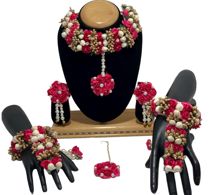 Indian Flower Gotta Necklace Earrings Mang Tikka Bracelets Set Haldi Mehendi Dholki F1 - Zenia Creations