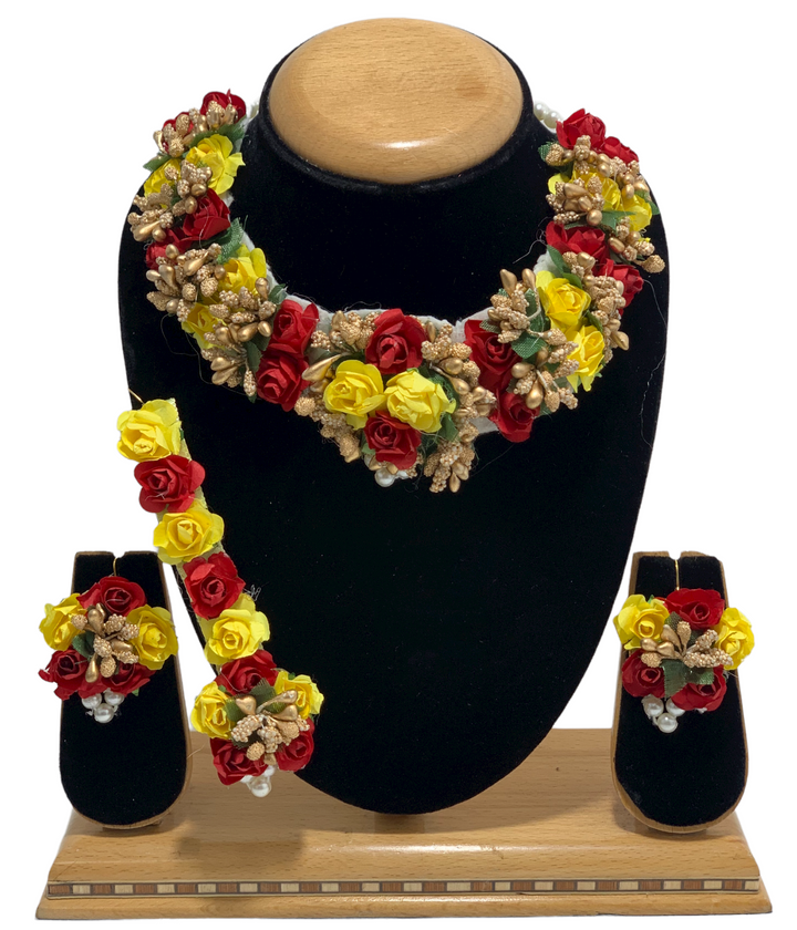 Indian Red Yellow Flower Gotta Choker Necklace Earrings Set Haldi Mehendi Dholki F4 - Zenia Creations