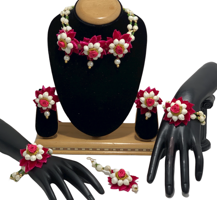 Indian Red White Mogra Flower Floral Gotta Choker Necklace Earrings Bracelets Set - Zenia Creations