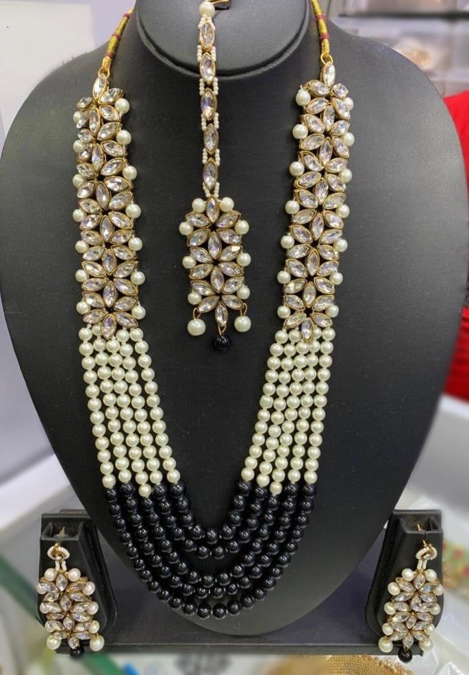 Indian Long Pearl Layered Mala Necklace Earrings Set LMS1 - Zenia Creations
