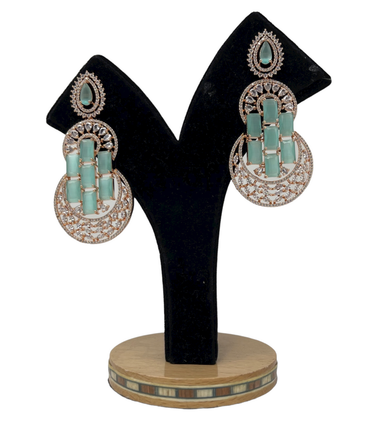AD Statement Earrings with American Diamond CZ & Mint Green Stones ER12 - Zenia Creations
