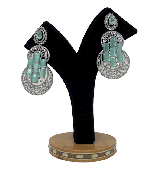 AD Statement Earrings with American Diamond CZ & Mint Green Stones ER12 - Zenia Creations