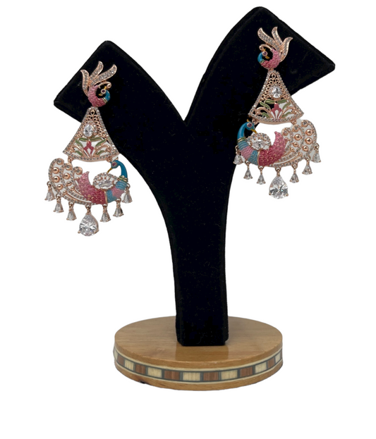 Rose Gold Earrings With Multi Meenakari & American Diamond CZ Stones ER37 - Zenia Creations