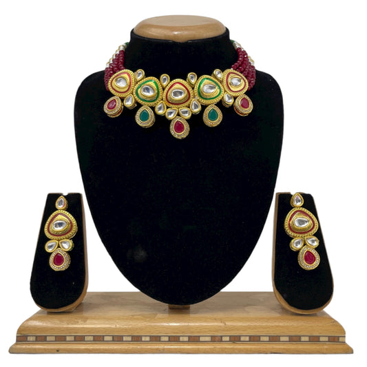 Kundan Flexible Choker Necklace With Onyx Beads and Meena Kari KC1 - Zenia Creations