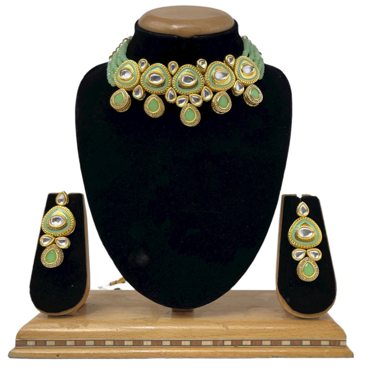 Kundan Flexible Choker Necklace With Onyx Beads and Meena Kari KC1 - Zenia Creations