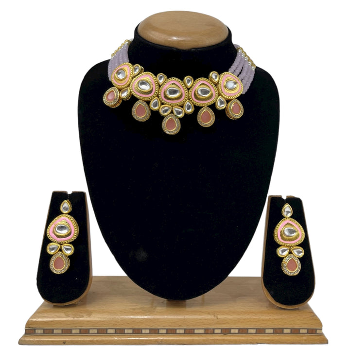 Kundan Flexible Choker Necklace With Onyx Beads and Meena Kari KC1 - Zenia Creations