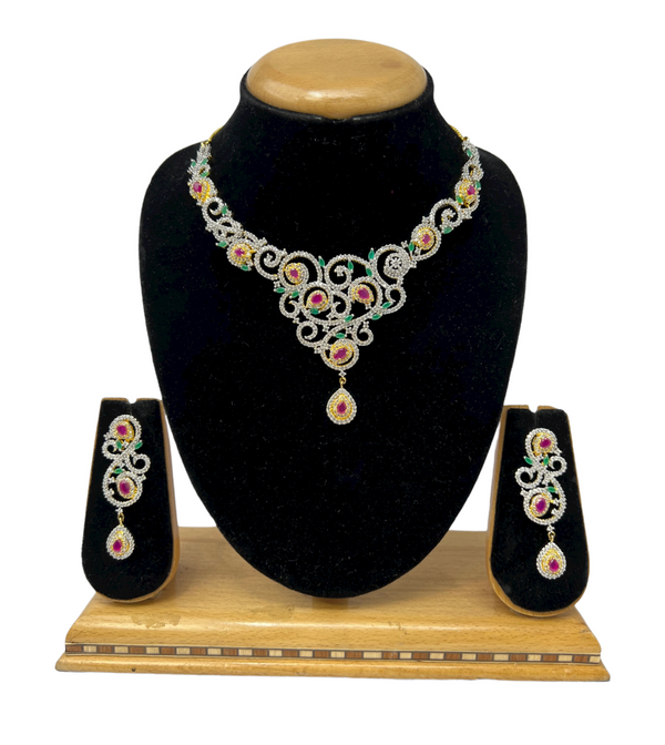 Gold Plated With Ruby & Emerald AD/CZ Necklace & Earring Set ADS61 - Zenia Creations