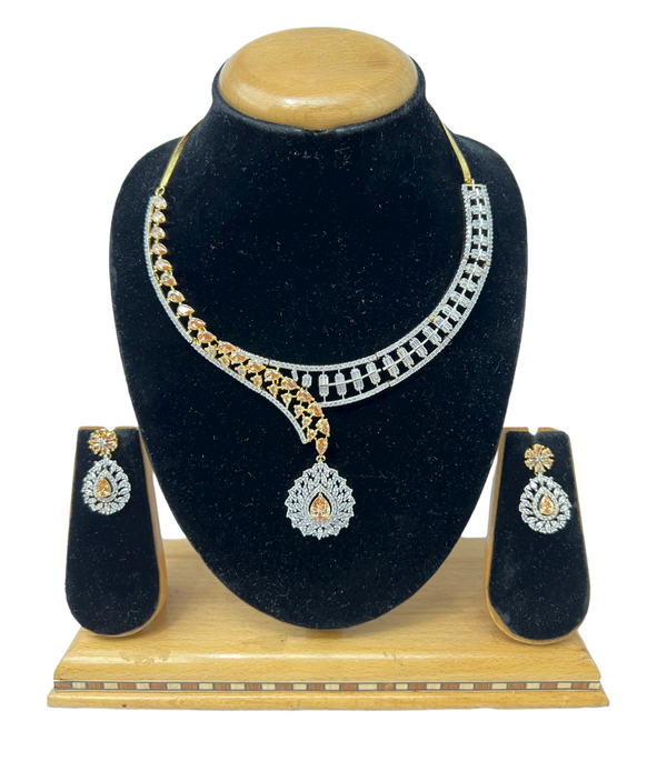 Gold Plated With Dual Tone AD/CZ Necklace & Earring Set ADS68