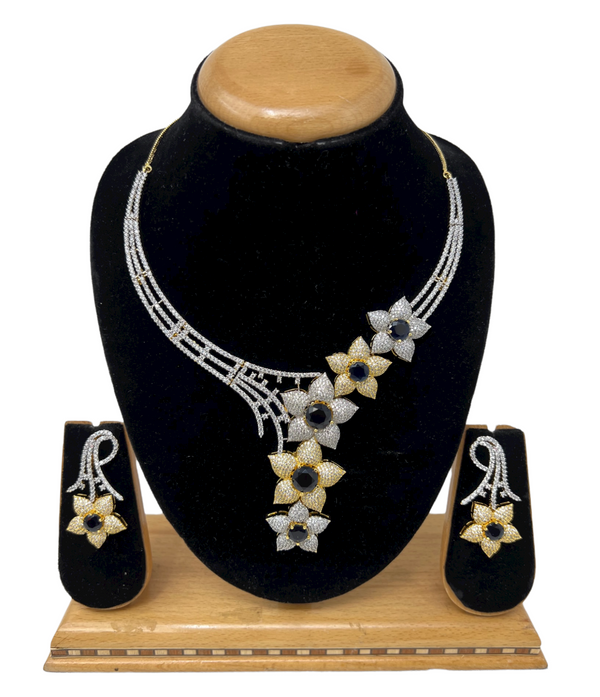 Dual Tone with Black Stones AD/CZ Necklace & Earring Set ADS67 - Zenia Creations