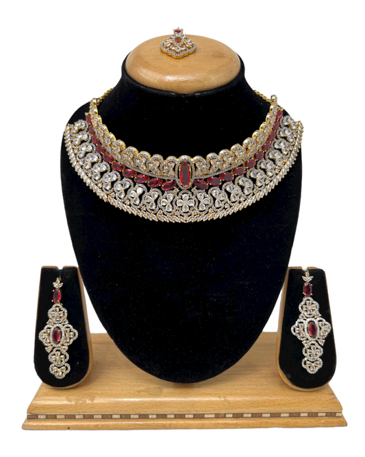 AD Gold Plated Bridal Choker Set With American Diamond and Red Stones - Zenia Creations