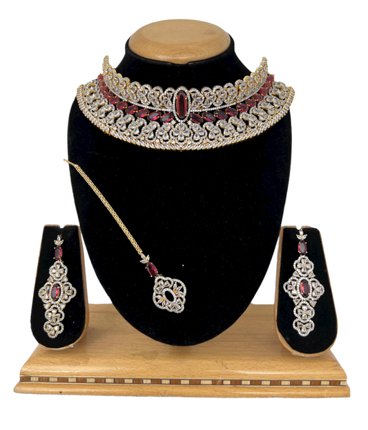 AD Gold Plated Bridal Choker Set With American Diamond and Red Stones - Zenia Creations