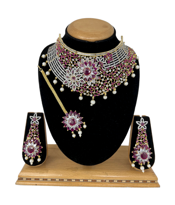 AD Gold Plated Bridal Choker Set With American Diamond and Ruby Stones - Zenia Creations