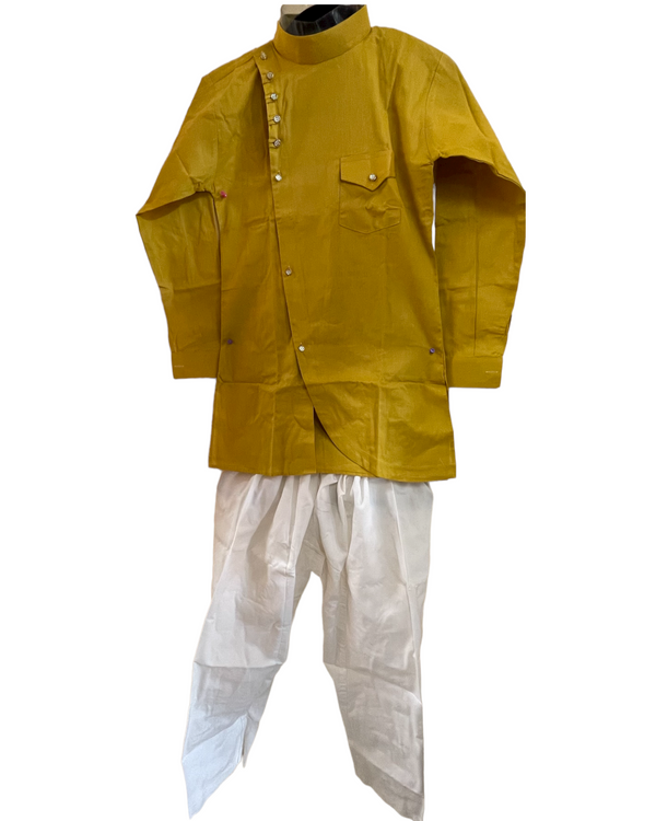 Boys kids partywear mustard yellow cotton kurta and pants pyjama pajama set model 27 - Zenia Creations
