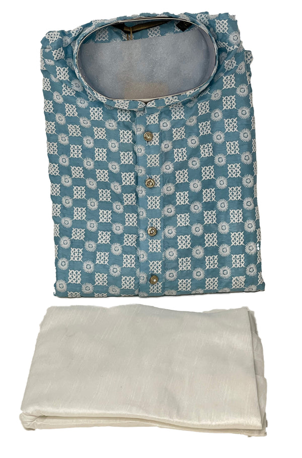 Mens Blue With White Chikankari Lucknowi kurta and Cotton Pants Pyjama Pajama Set A11