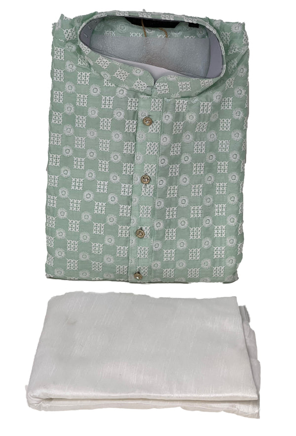 Mens Green With White Chikankari Lucknowi kurta and Cotton Pants Pyjama Pajama Set A11