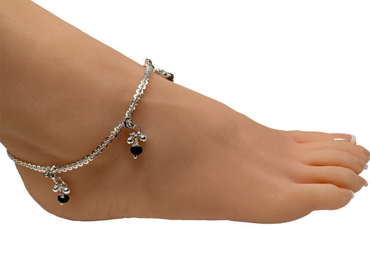 K2 - Pair of Anklets Payal with Rhinestone Indian Jewelry Silver Color 10"