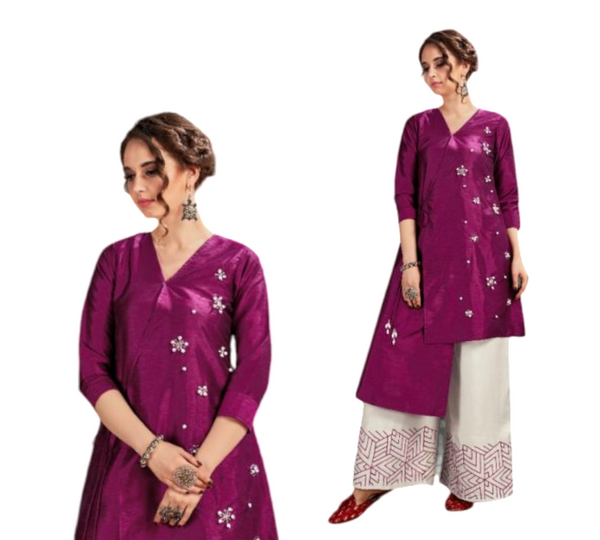 Women 2 Pcs Dress Silk Purple Kurti With Plazzo Pants #KAI1002