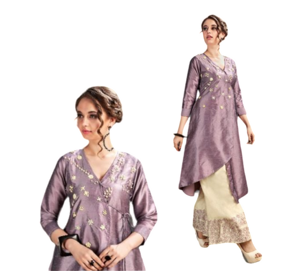 Women 2 Pcs Dress Silk Lilac Color Kurti With Cream Palazzo Pants #KAI1004