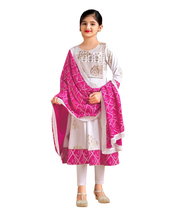 Kids Girls Gown Kurti Dress With Bandhni Print Dupatta #KN