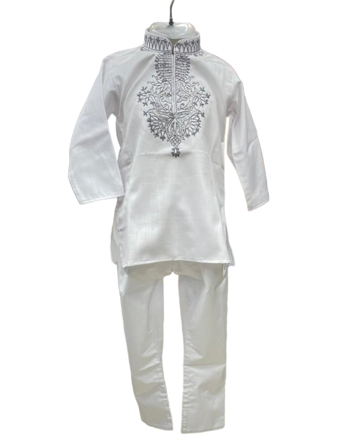Boy Kids Partywear White Kurta with Embroidery and White Pyjama Pajama Set Model 11 - Zenia Creations