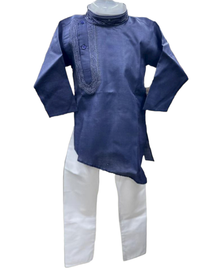 Boy Kids Partywear Dark Blue Kurta with Embroidery and White Pyjama Pajama Set Model 10 - Zenia Creations