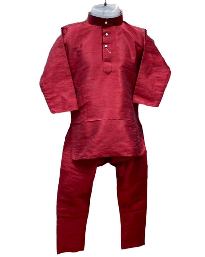 Boy Kids Partywear Red Silk Kurta and Pyjama Pajama Set Model 8 - Zenia Creations