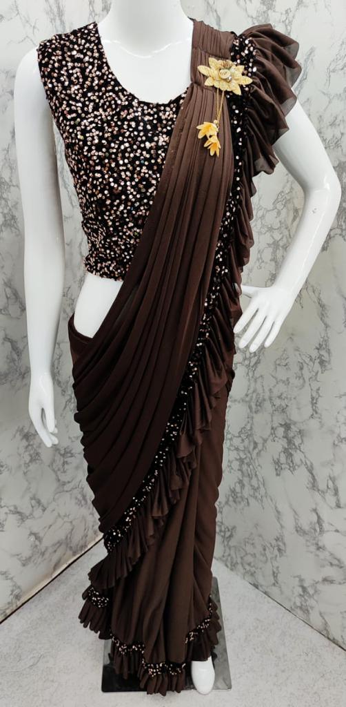 Ready To Wear Brown Lycra Material Saree With Sequins & Velvet Blouse - Zenia Creations