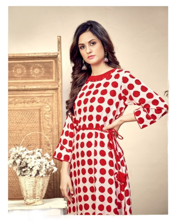 Ladies 2pc Rayon White Maxi / Long Kurti with Red Inner Lining #D1004