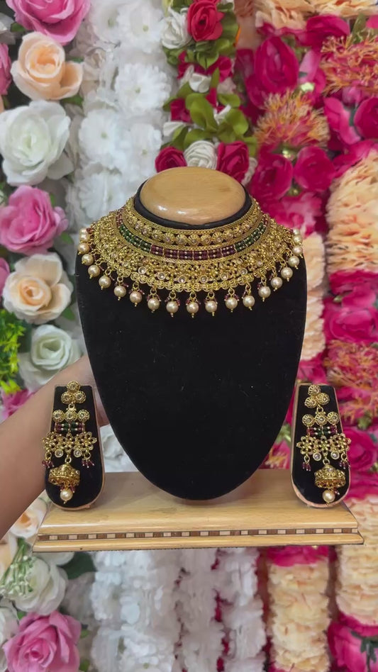 Bridal Gold Plated Polki Reverse AD Choker Necklace And Earrings Set #RABC6